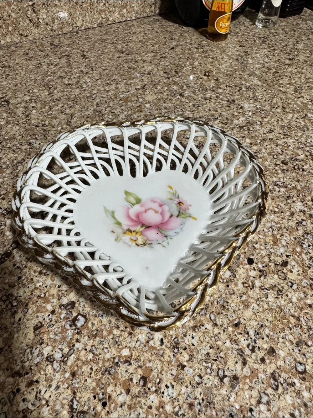 Vintage Romania Floral Heart-Shaped Porcelain Basket with Pink Rose Motif